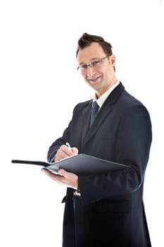 happy young businessman in business suit  portrait isolated on white background