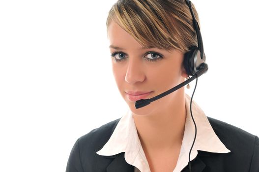 young beautiful business woman with headset phone help customer solution info service