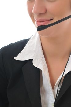 young beautiful business woman with headset phone help customer solution info service