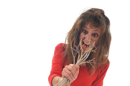 young woman with dark face electrical explosion shock concept connect