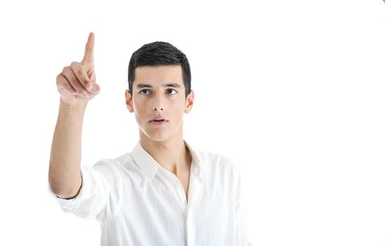 illustration of young business man planing and solving problems with illustrated graph disply screen for database and statistycs