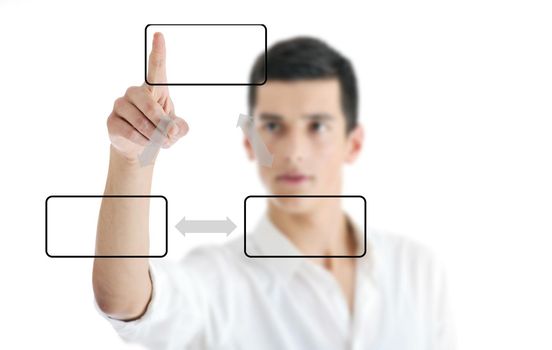 illustration of young business man planing and solving problems with illustrated graph disply screen for database and statistycs