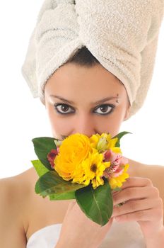 beauty halth and spa wellness isolated young woman face portrait closeup with towel and flower treatment