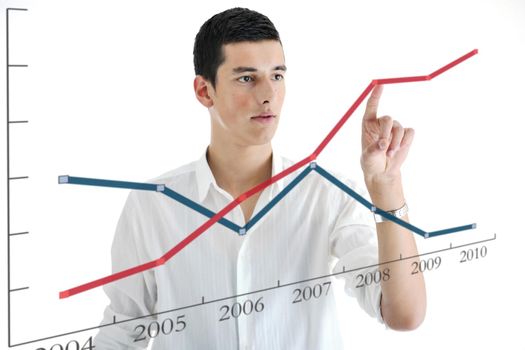 illustration of young business man planing and solving problems with illustrated graph disply screen for database and statistycs