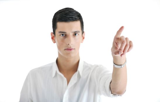 illustration of young business man planing and solving problems with illustrated graph disply screen for database and statistycs