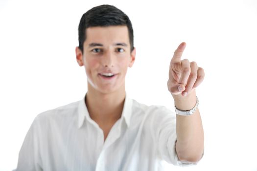 illustration of young business man planing and solving problems with illustrated graph disply screen for database and statistycs