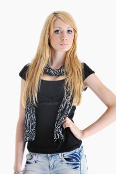 beautiful young woman in fashion clothes isolated on white background