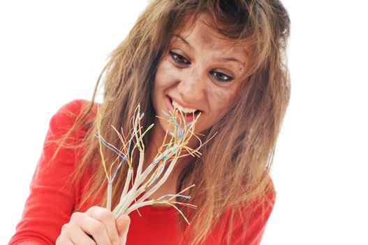 young woman with dark face electrical explosion shock concept connect