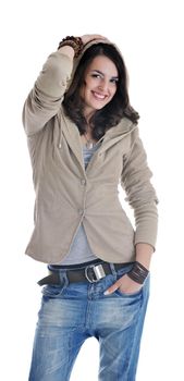 beautiful young woman in fashion clothes isolated on white background