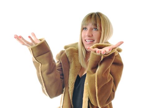 happy woman in winter coat isolated on white