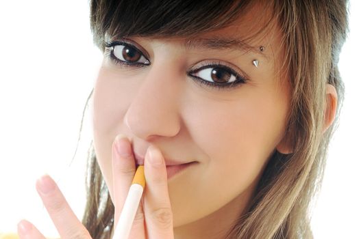 woman isolated on white stop smoking cigarette