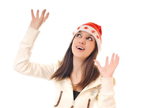 young happy woman with santa hat isolated on white