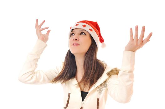 young happy woman with santa hat isolated on white