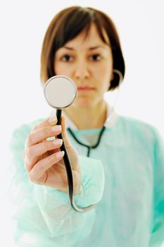 young happy doctor nurse woman with stethoscope isolated on white