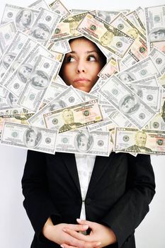 happy young business woman isolated on white playing with dollars money and representing success in finance