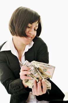 happy young business woman isolated on white playing with dollars money and representing success in finance