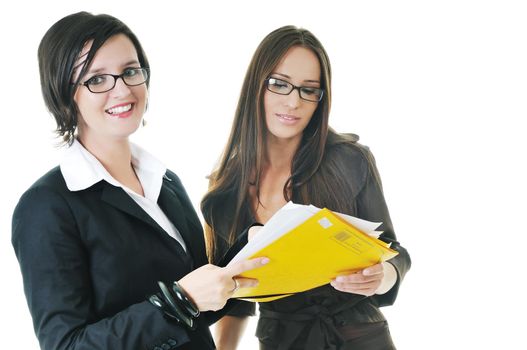 two young business woman group looking documents and giving advice and consultation