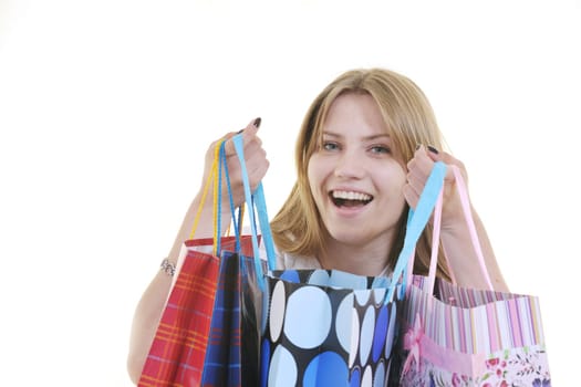 happy young adult women  shopping with colored bags  isolated over white background in studio
