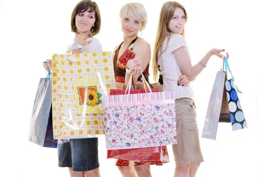 happy young adult women  shopping with colored bags  isolated over white background in studio