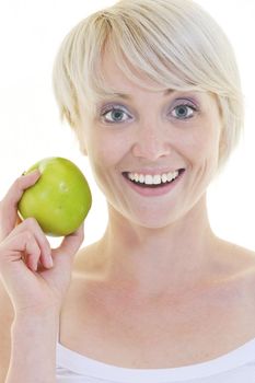 happy young woman eat green apple isolated  on white backround in studio