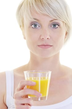 happy Young blonde woman drinking orange juice isolated over white background