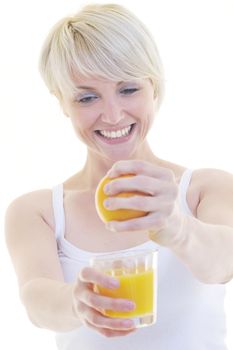 woman squeeze fresh orange juice drink  isolated over white background