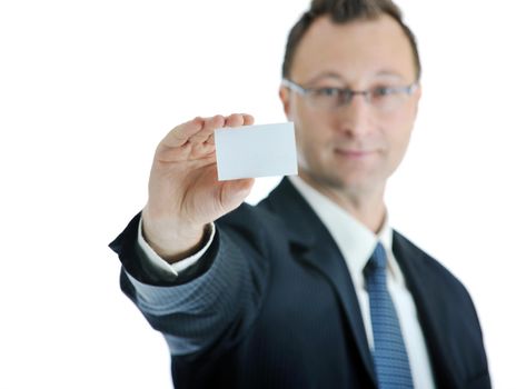 portrait of young businessman with empty business card isolated on white background 