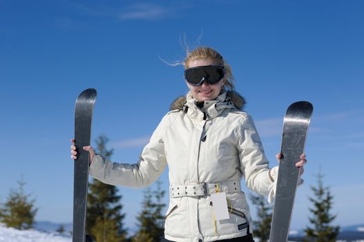 winter woman ski sport fun travel snow