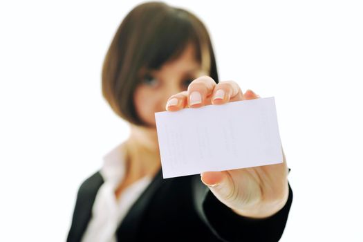 young business woman isolated on white showing and displaying empty business card ready for text