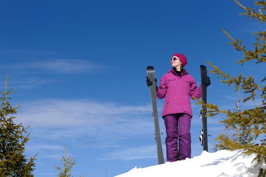 winter woman ski sport fun travel snow