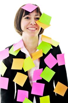 one frustrated young business woman with many of post it representing concept memory and frustration on work