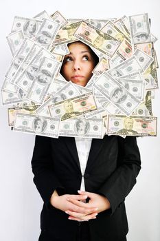 happy young business woman isolated on white playing with dollars money and representing success in finance