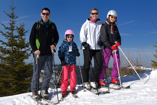 portrait of happy young family at beautiful winter sunny day with blue sky and snow in background