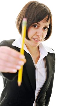 young business woman choosing right yellow pencil and representing concept of perfection and order
