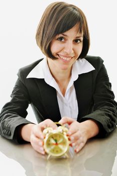time maagement concept with young business woman isolated on white