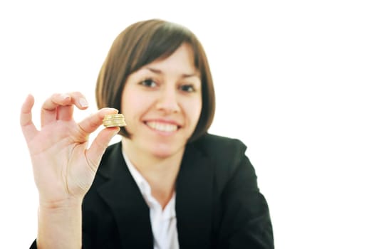 happy young business woman isolated on white puting euro money in piggy bank
