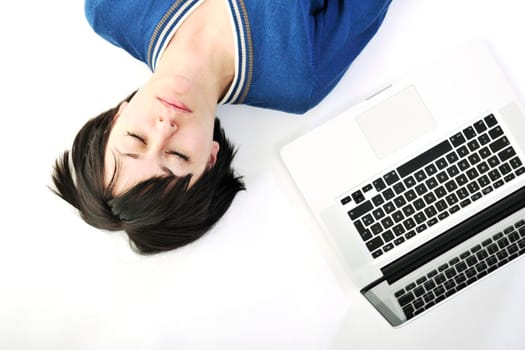 young beautiful brunette student woman working on laptop computer and finding solutions