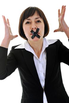 business woman isolated on white with black tape on mouth representing no speech and media