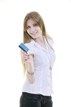 woman hold money credit card isolated on white bacground ready for online money transaction and shopping