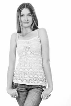 beautiful hapy young female woman brunette model posing isolated on white background