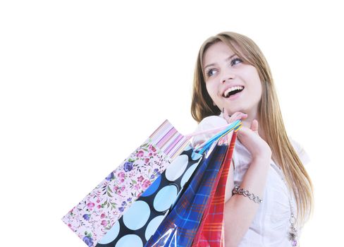 happy young adult women  shopping with colored bags  isolated over white background in studio