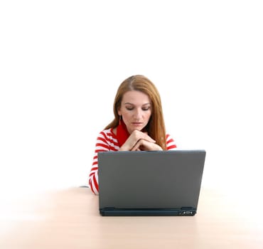 woman in red working on laptop at bright  office