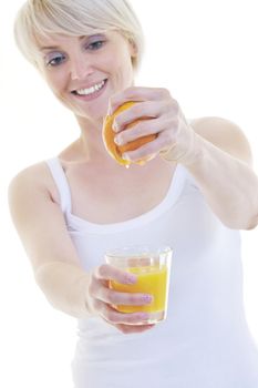 woman squeeze fresh orange juice drink  isolated over white background