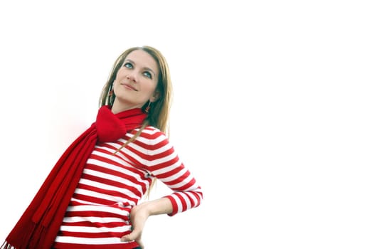 woman in red at bright  office