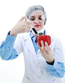 isolated on white young nurse doctor woman with red vegetable food papper representing bio food concept 