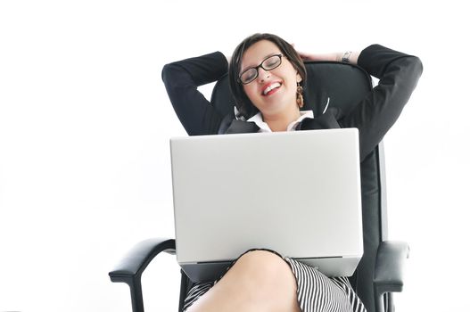 young beautiful business woman isolated on white workling on laptop computer
