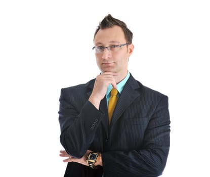 happy young businessman in business suit  portrait isolated on white background