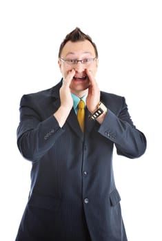happy young businessman in business suit  portrait isolated on white background