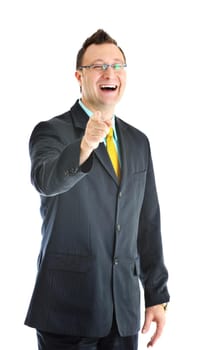 happy young businessman in business suit  portrait isolated on white background