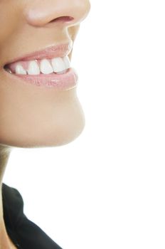 young woman with white teeth smiling representing healthy lifestyle and teeth concept
